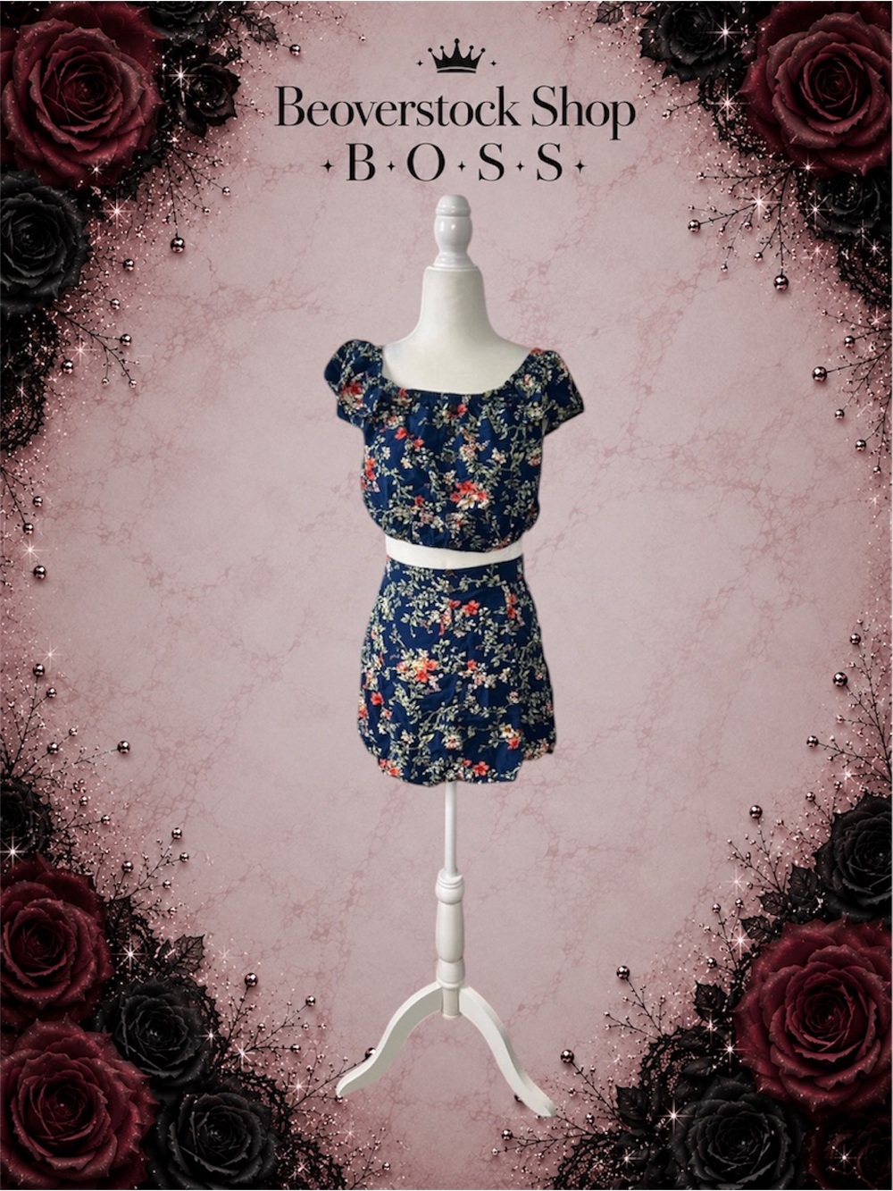 Preowned Xhilaration Floral 2-Piece Set Crop Top Medium & Skirt XS Blue Red Flor - Picture 2 of 10